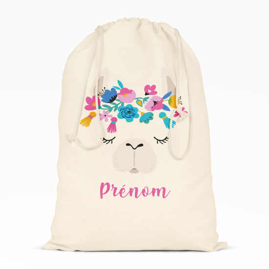 Personalized Drawstring bag for Kids - Lama flowers