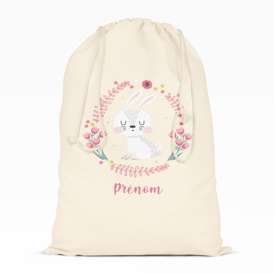 Personalized Drawstring bag for Kids - White rabbit flowers