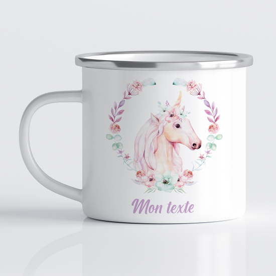 Personalized Enamel Mug for Kids - Floral Unicorn