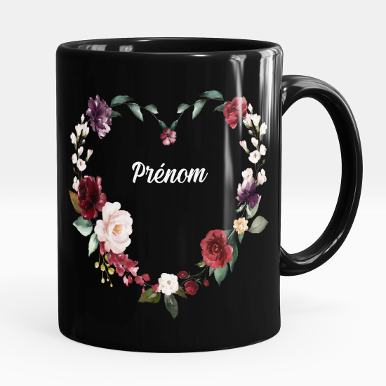 Personalized Mug - Full Black - Heart flowers