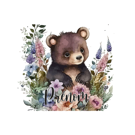 Personalized Panoramic Wall Mural - Wallpaper for Kids - Bear Flowers