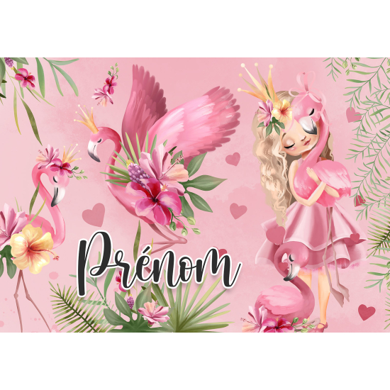 Personalized Panoramic Wall Mural - Wallpaper for Kids - Princess Pink Flamingos