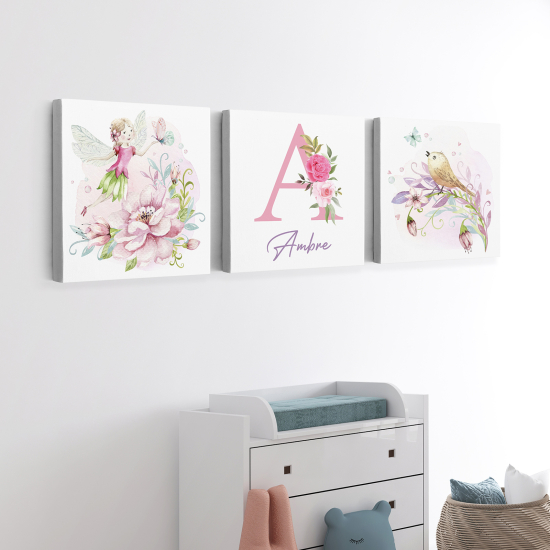 Personalized Set of 3 Children's Canvas Prints - Bird Fairy