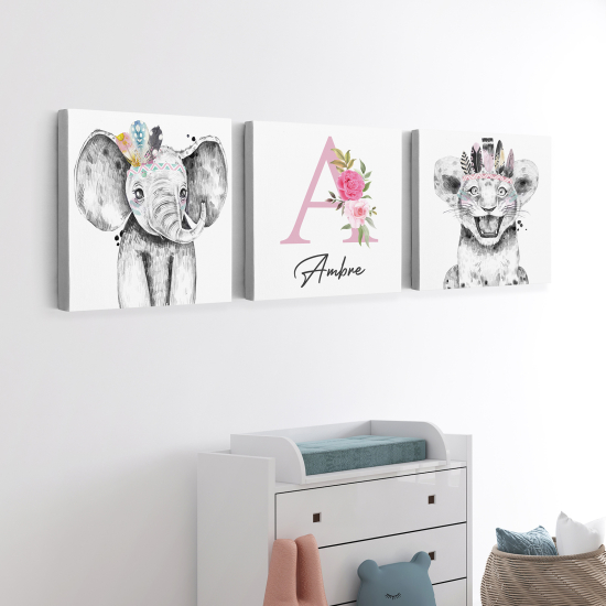 Personalized Set of 3 Children's Canvas Prints - Elephant tiger