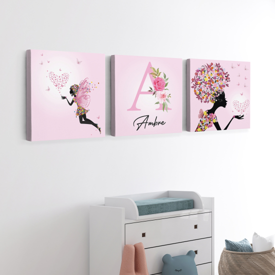 Personalized Set of 3 Children's Canvas Prints - Fairies hearts butterflies