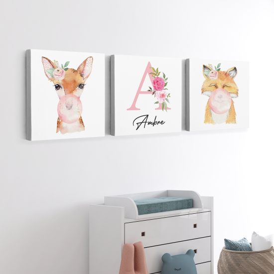 Personalized Set of 3 Children's Canvas Prints - Fawn fox bubbles