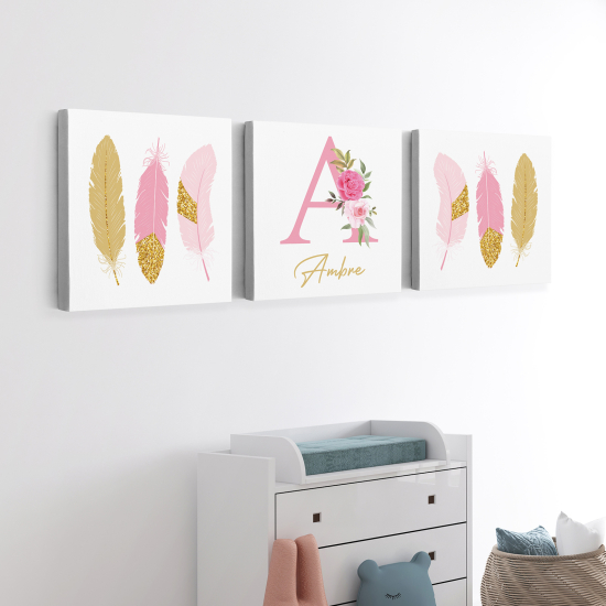 Personalized Set of 3 Children's Canvas Prints - Feathers