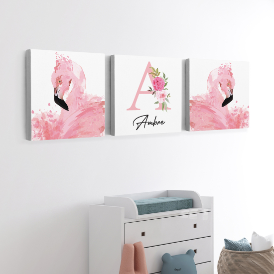 Personalized Set of 3 Children's Canvas Prints - Pink Flamingos