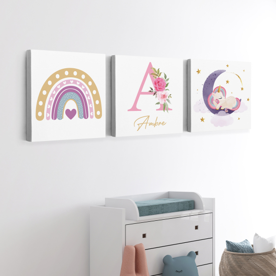 Personalized Set of 3 Children's Canvas Prints - Rainbow Unicorn