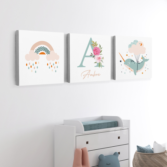 Personalized Set of 3 Children's Canvas Prints - Rainbow Whale