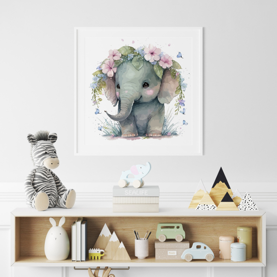 Poster for Kids - Elephant calf flowers