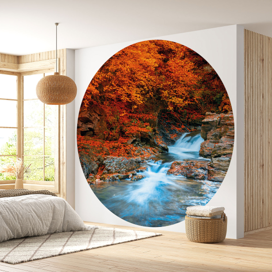 Round / Circle Wall Mural - Wallpaper - Autumn Waterfall