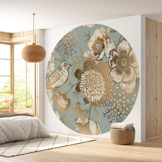 Round / Circle Wall Mural - Wallpaper - Bird Flowers