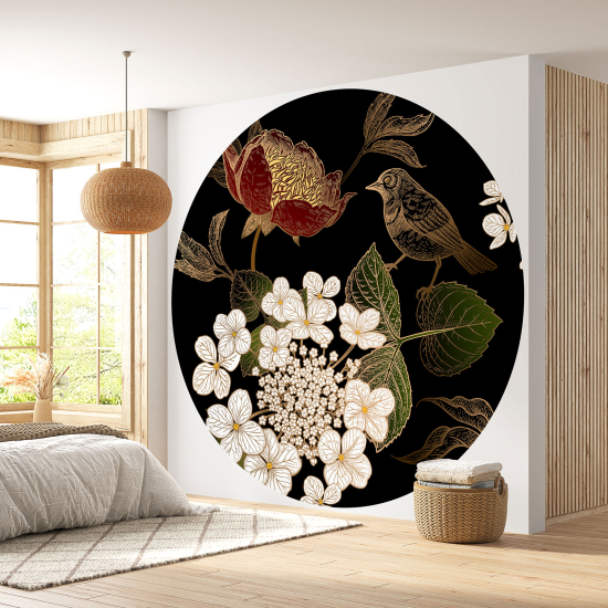 Round / Circle Wall Mural - Wallpaper - Bird Flowers