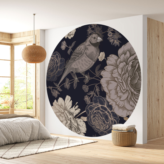 Round / Circle Wall Mural - Wallpaper - Bird Flowers