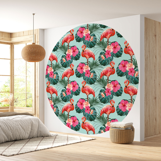 Round / Circle Wall Mural - Wallpaper - Flamingo Pattern