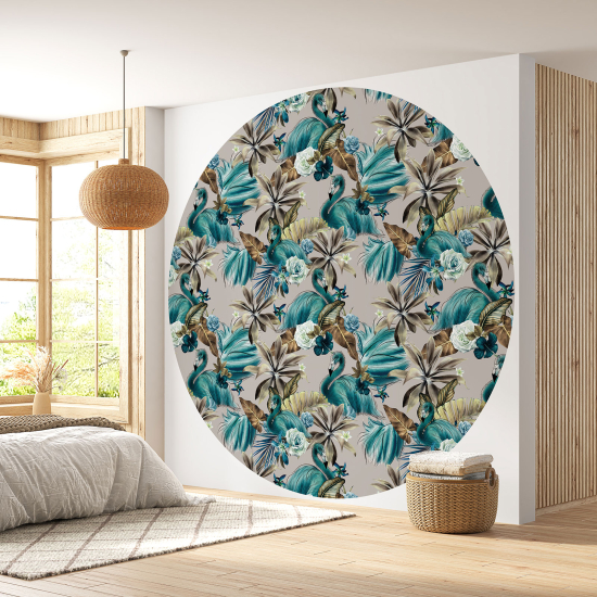 Round / Circle Wall Mural - Wallpaper - Flamingos