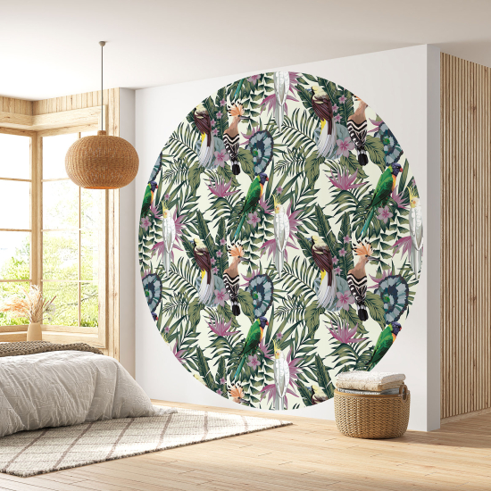 Round / Circle Wall Mural - Wallpaper - Flowers Birds