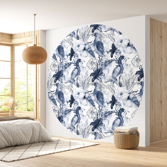 Round / Circle Wall Mural - Wallpaper - Flowers Birds