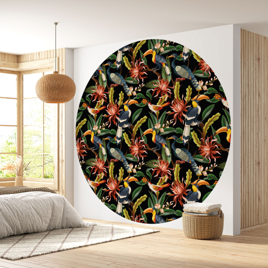 Round / Circle Wall Mural - Wallpaper - Flowers Birds