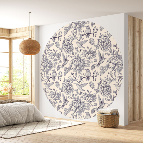 Round / Circle Wall Mural - Wallpaper - Flowers Birds