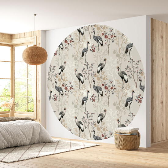 Round / Circle Wall Mural - Wallpaper - Flowers Birds