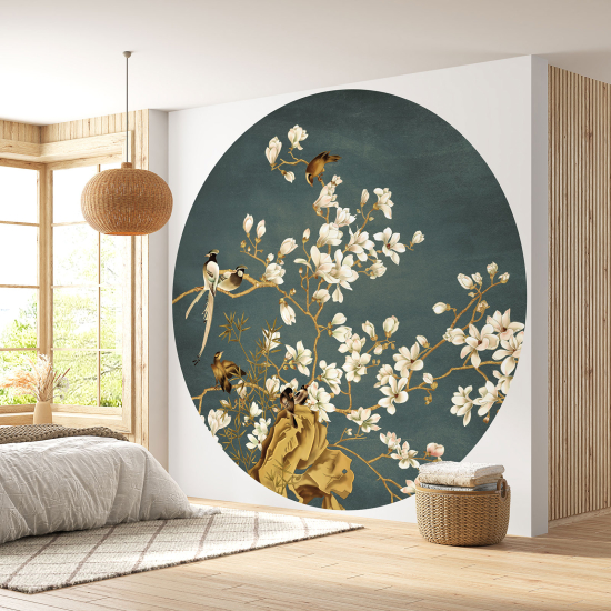 Round / Circle Wall Mural - Wallpaper - Flowers Birds