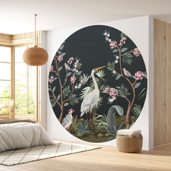 Round / Circle Wall Mural - Wallpaper - Flowers Birds