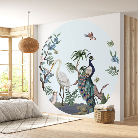 Round / Circle Wall Mural - Wallpaper - Flowers Birds