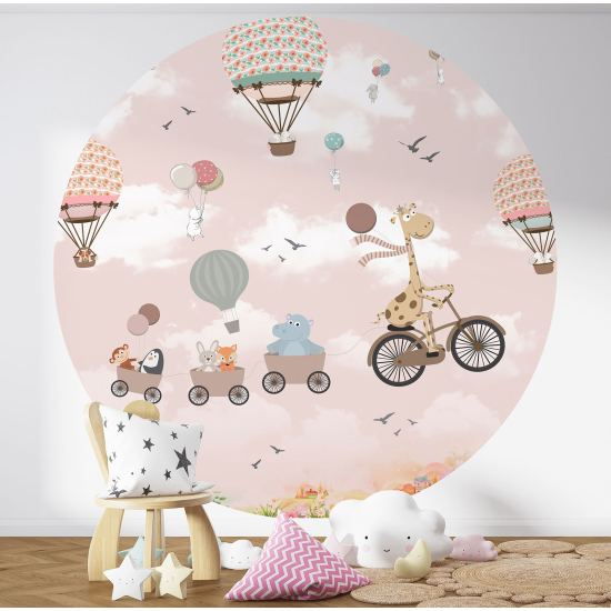 Round / Circle Wall Mural - Wallpaper for Kids - Animal Hot Air Balloons