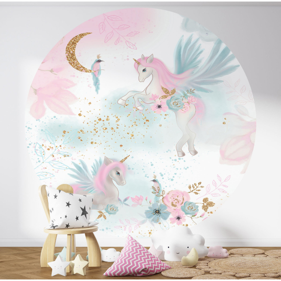 Round / Circle Wall Mural - Wallpaper for Kids - Glitter Unicorns