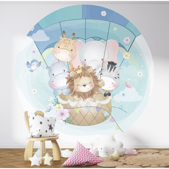 Round / Circle Wall Mural - Wallpaper for Kids - Hot Air Balloon Animals