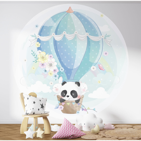 Round / Circle Wall Mural - Wallpaper for Kids - Panda Hot Air Balloon