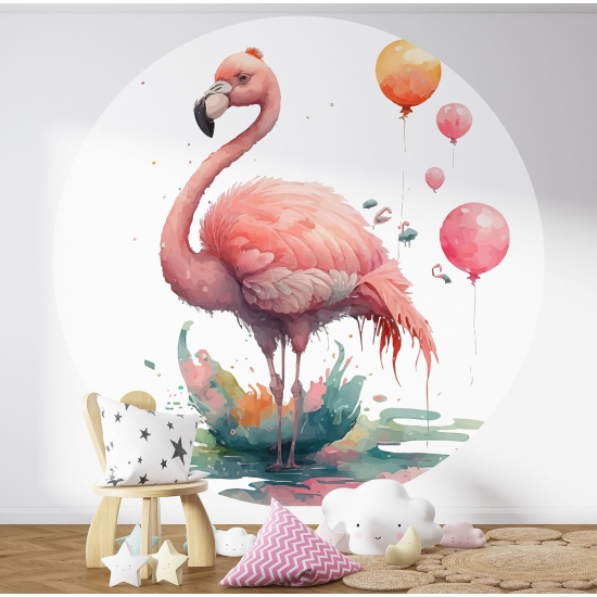 Round / Circle Wall Mural - Wallpaper for Kids - Pink flamingo