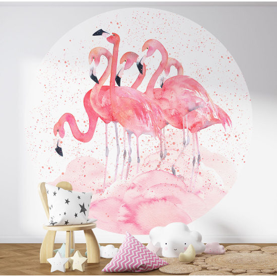 Round / Circle Wall Mural - Wallpaper for Kids - Pink flamingos