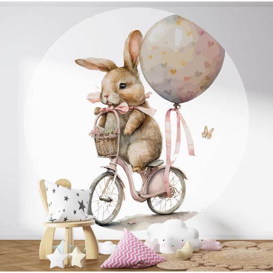 Round / Circle Wall Mural - Wallpaper for Kids - Rabbit on a Bicycle