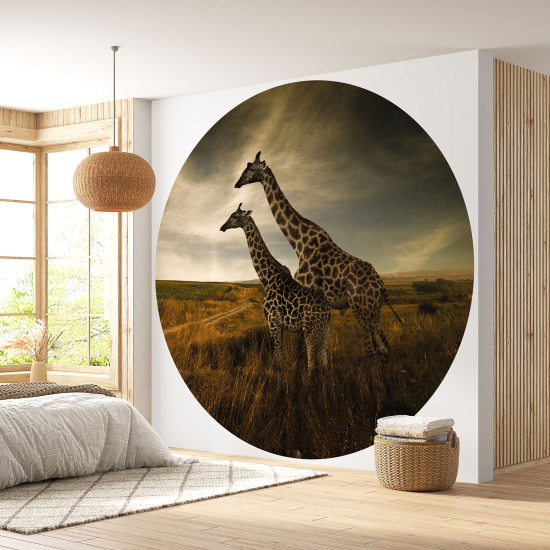 Round / Circle Wall Mural - Wallpaper - Giraffes