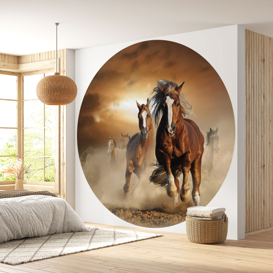 Round / Circle Wall Mural - Wallpaper - Horses