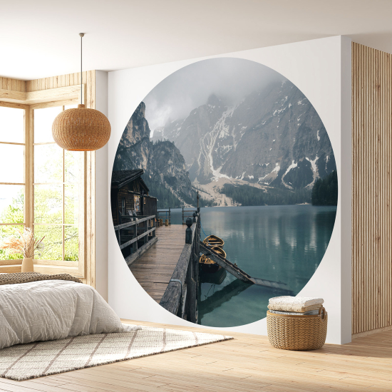 Round / Circle Wall Mural - Wallpaper - Lake Mountains