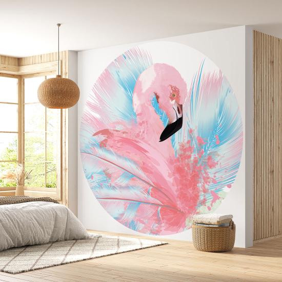 Round / Circle Wall Mural - Wallpaper - Pink flamingo