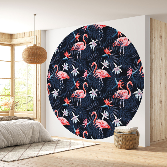 Round / Circle Wall Mural - Wallpaper - Pink Flamingos