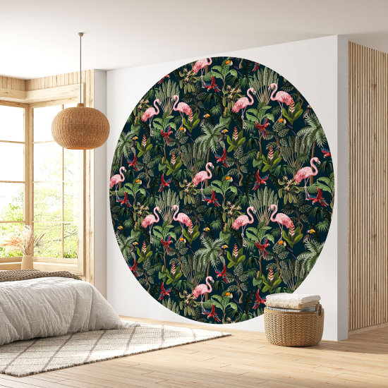 Round / Circle Wall Mural - Wallpaper - Pink Flamingos