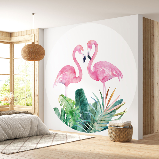 Round / Circle Wall Mural - Wallpaper - Pink Flamingos