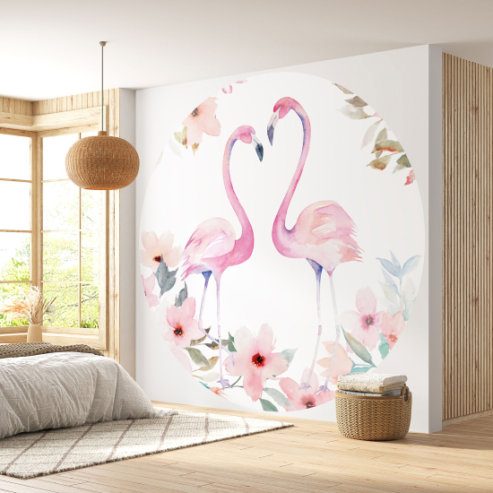 Round / Circle Wall Mural - Wallpaper - Pink Flamingos