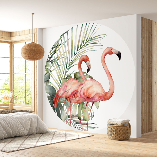 Round / Circle Wall Mural - Wallpaper - Pink Flamingos