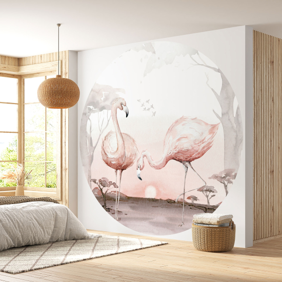 Round / Circle Wall Mural - Wallpaper - Pink Flamingos