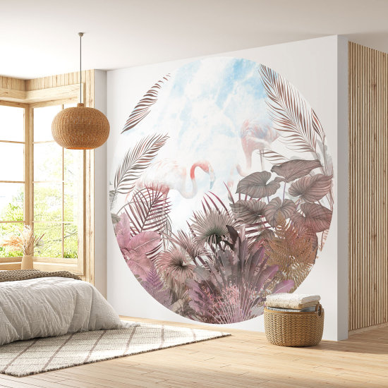 Round / Circle Wall Mural - Wallpaper - Pink Flamingos