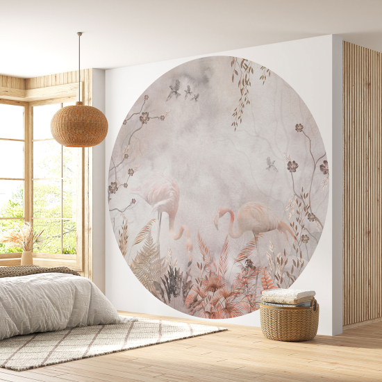 Round / Circle Wall Mural - Wallpaper - Pink Flamingos