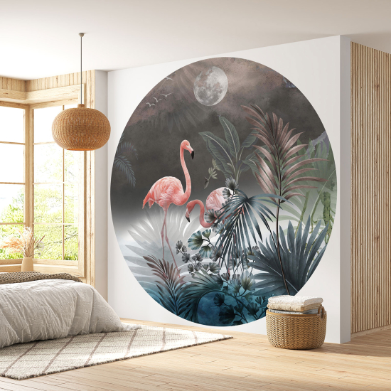 Round / Circle Wall Mural - Wallpaper - Pink Flamingos