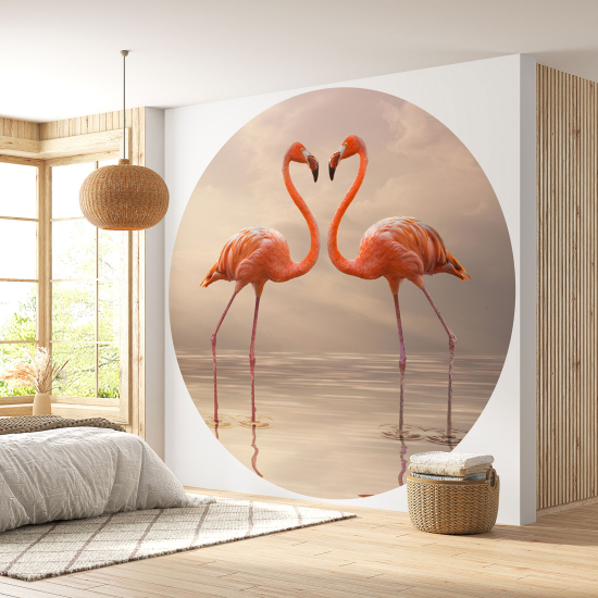 Round / Circle Wall Mural - Wallpaper - Pink Flamingos